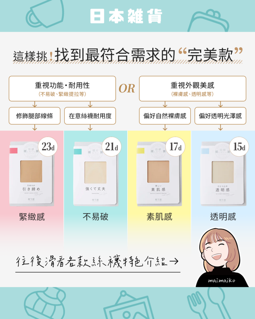 日本Tabio靴下屋 四款經典絲襪特色快速看:追求光澤選 15丹、自然裸膚選 17丹、耐用怕破選 21丹、修飾線條與久站選 23丹